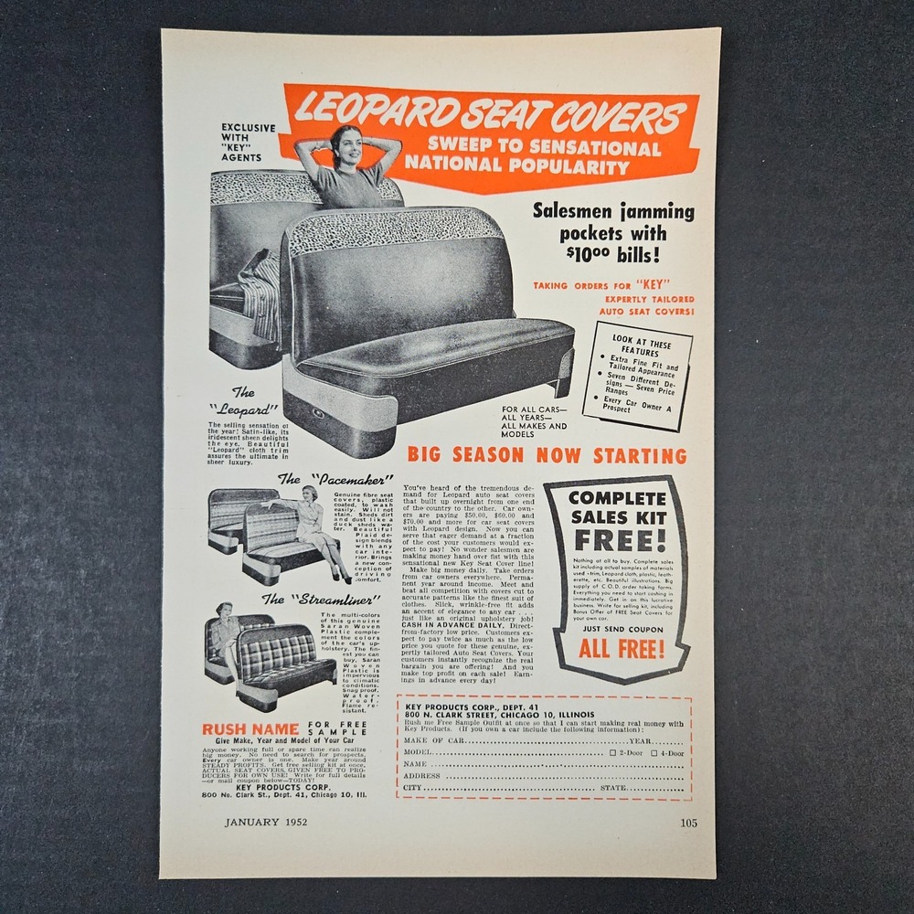 1952 Key Products Leopard Seat Covers Vintage Print Ad Pacemaker Streamliner